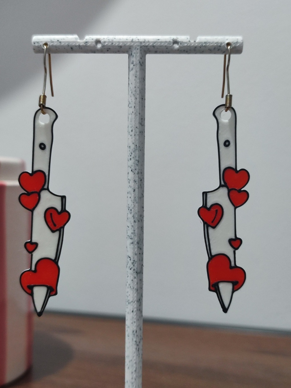 Handcrafted White and Red Heart Dagger Earrings - Unbranded